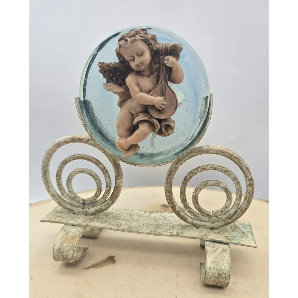Angel Candle Holder Cherub Round Hand Blown Glass Metal Frame Christmas Vintage